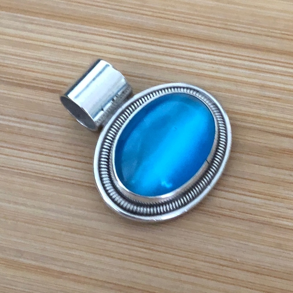 $57 Estate Blue Tiger Eye Pendant Sterling Silver MEXICO 925